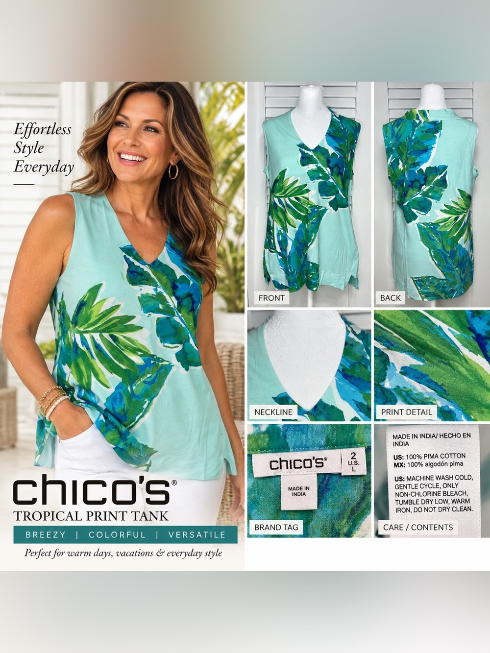 Chico’s Tropical Floral Pima Cotton V-Neck Tunic Tank Size 2 / L